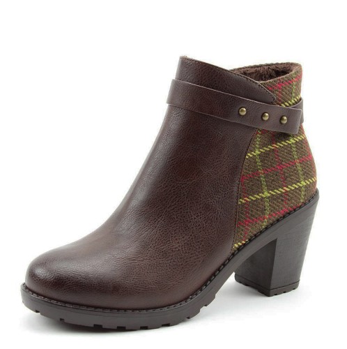Heavenly Feet Rhona Chocolate Check Brown Block Heel Vegan Ankle Boots KissShoe