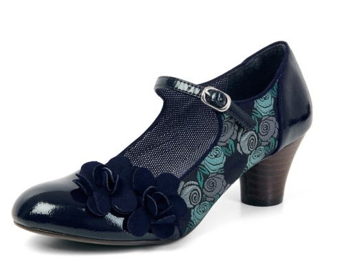 Ruby Shoo Freya Blue Navy Floral Mid Heel Mary Jane Shoes KissShoe