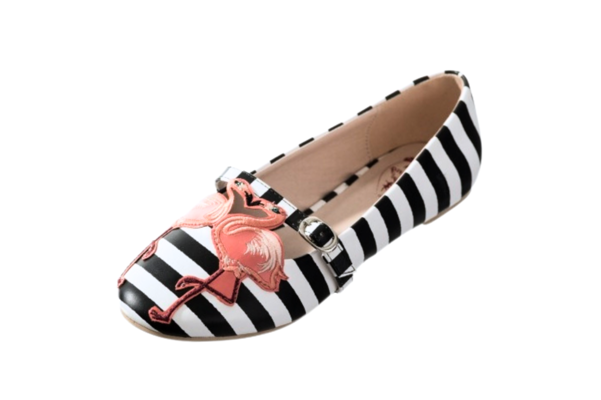Banned Dancing Days Magic Moment Black White Stripe Flamingo Flat Shoes