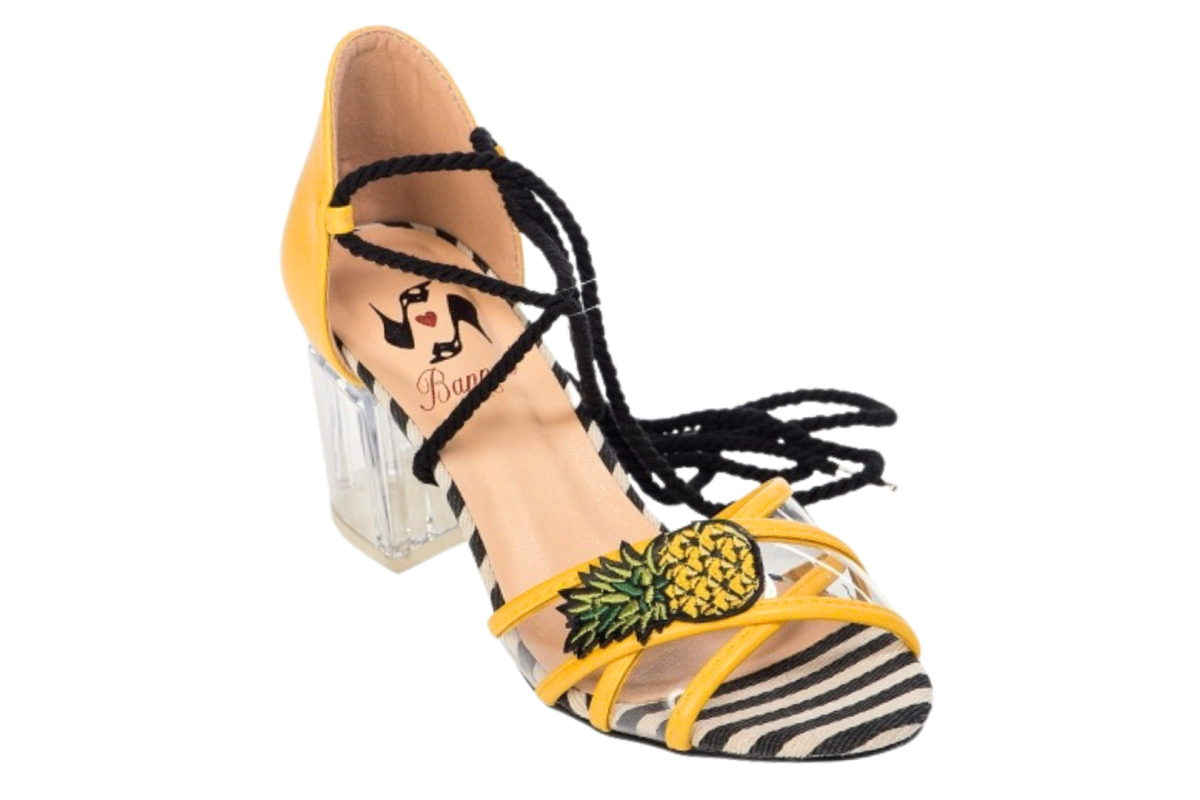 Banned Retro Moana Yellow Pineapple Block Heel Ankle Tie Fashion Sandals