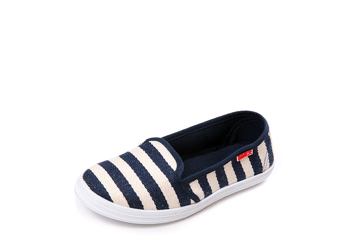 Beach Athletics Myrtos Women's Navy Stripe Flat Plimsoll Shoes - KissShoe