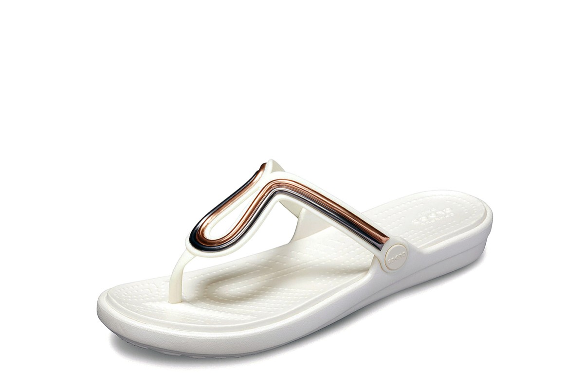 Crocs Sanrah Metalblock Flat Flip Flops Multi Rose Gold Oyster Off White Women's Sandals