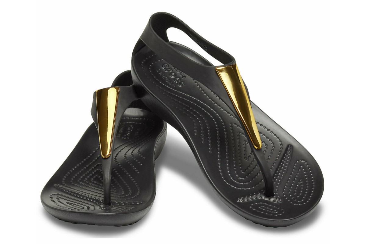 Crocs Serena Metallic Bar Gold Black Comfort Flip Flops Sandals