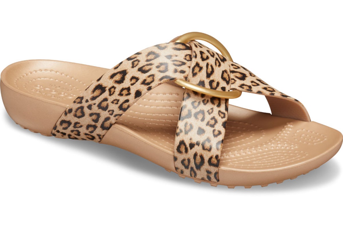 Crocs Serena Printed Crossband Leopard Gold Slide Comfort Sandals