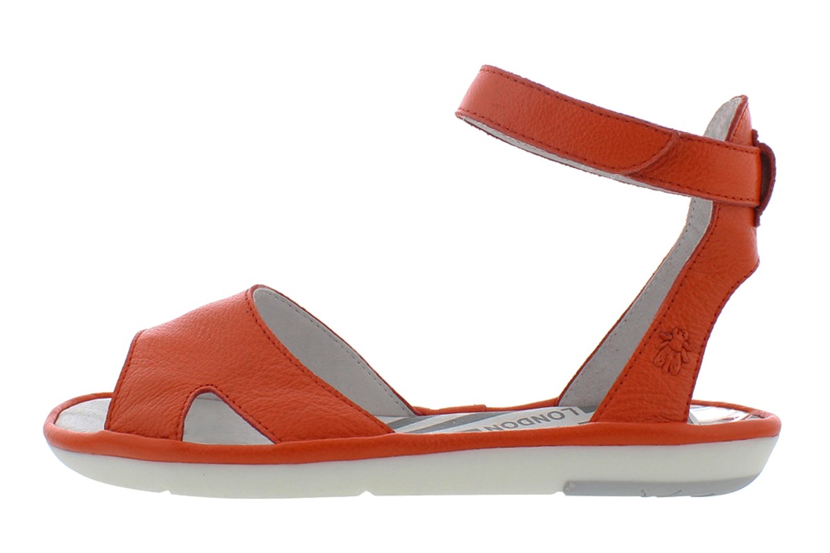 Fly London Mafi Poppy Orange Leather Ankle Strap Open Toe Flat Sandals