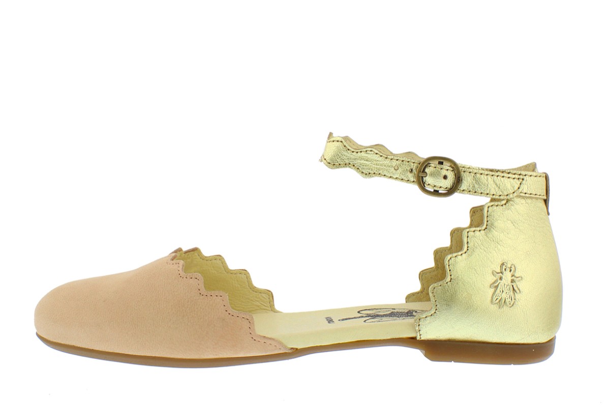 Fly London Megs Nude Pink Gold Genuine Leather Flat Ankle Strap Sandals