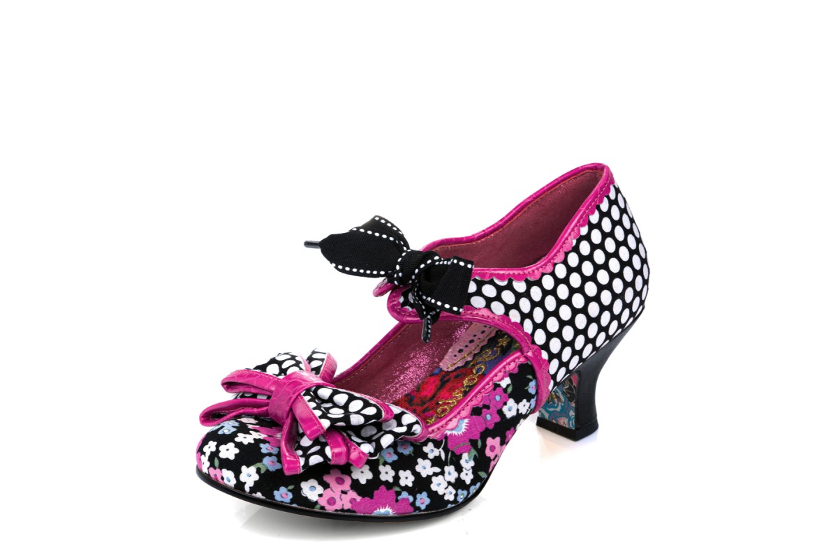 Irregular Choice Apple Spice Black White Pink Floral Polka Dot Mid Heel Shoes