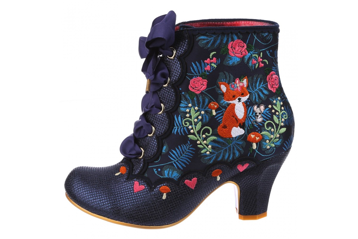 Irregular Choice Forest Frolics Navy Blue Floral Fox Mid Heel Ankle Boots