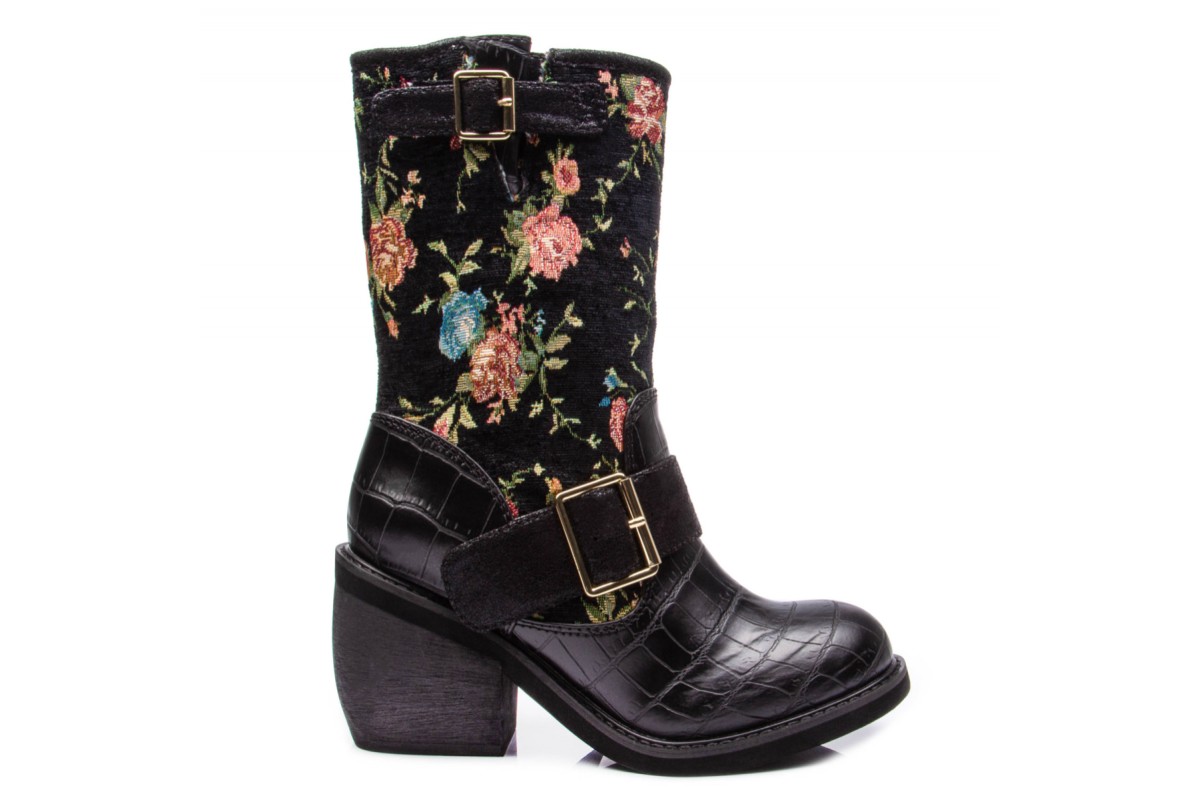 Irregular Choice Great Escape Black Floral Block Heel Mid Calf Boots