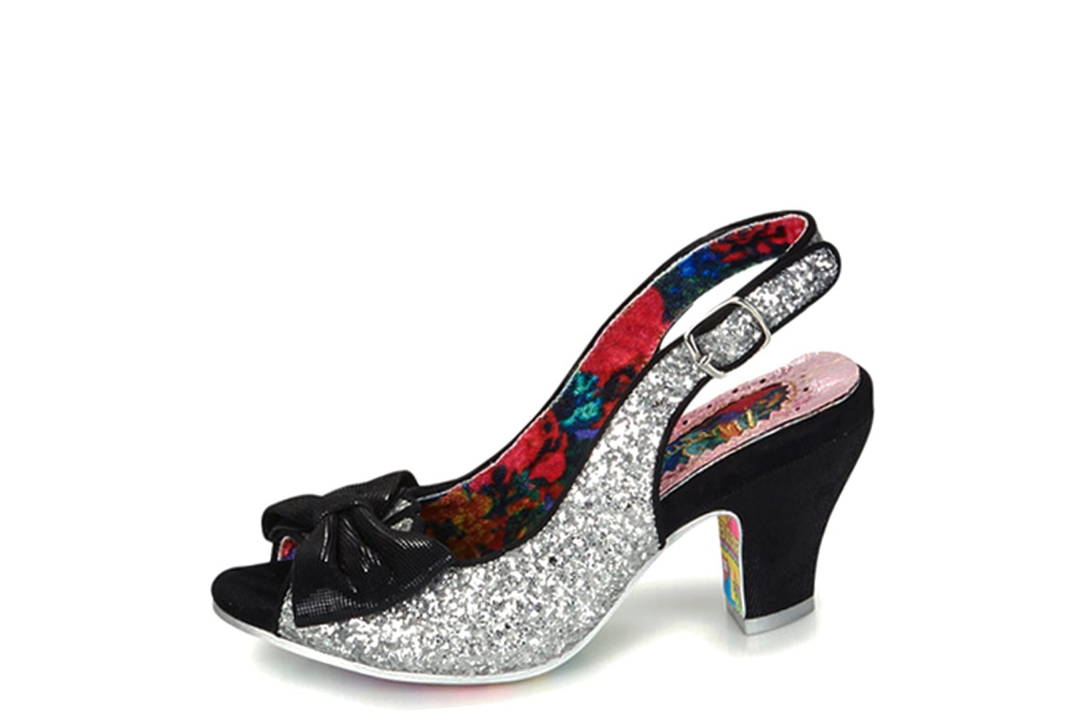 Irregular Choice Hiya Synth Black Silver Glitter Open Toe High Heel Shoes