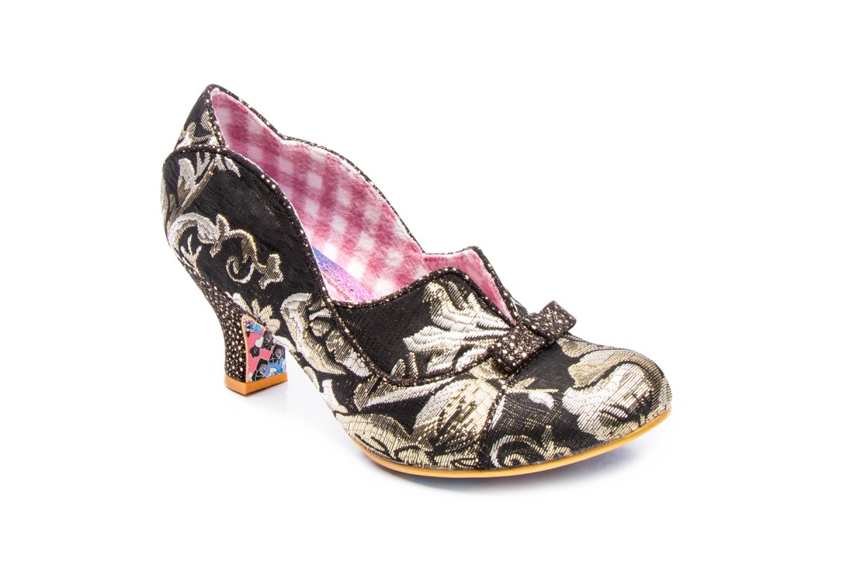 Black Gold Floral Low Heel Shoes 