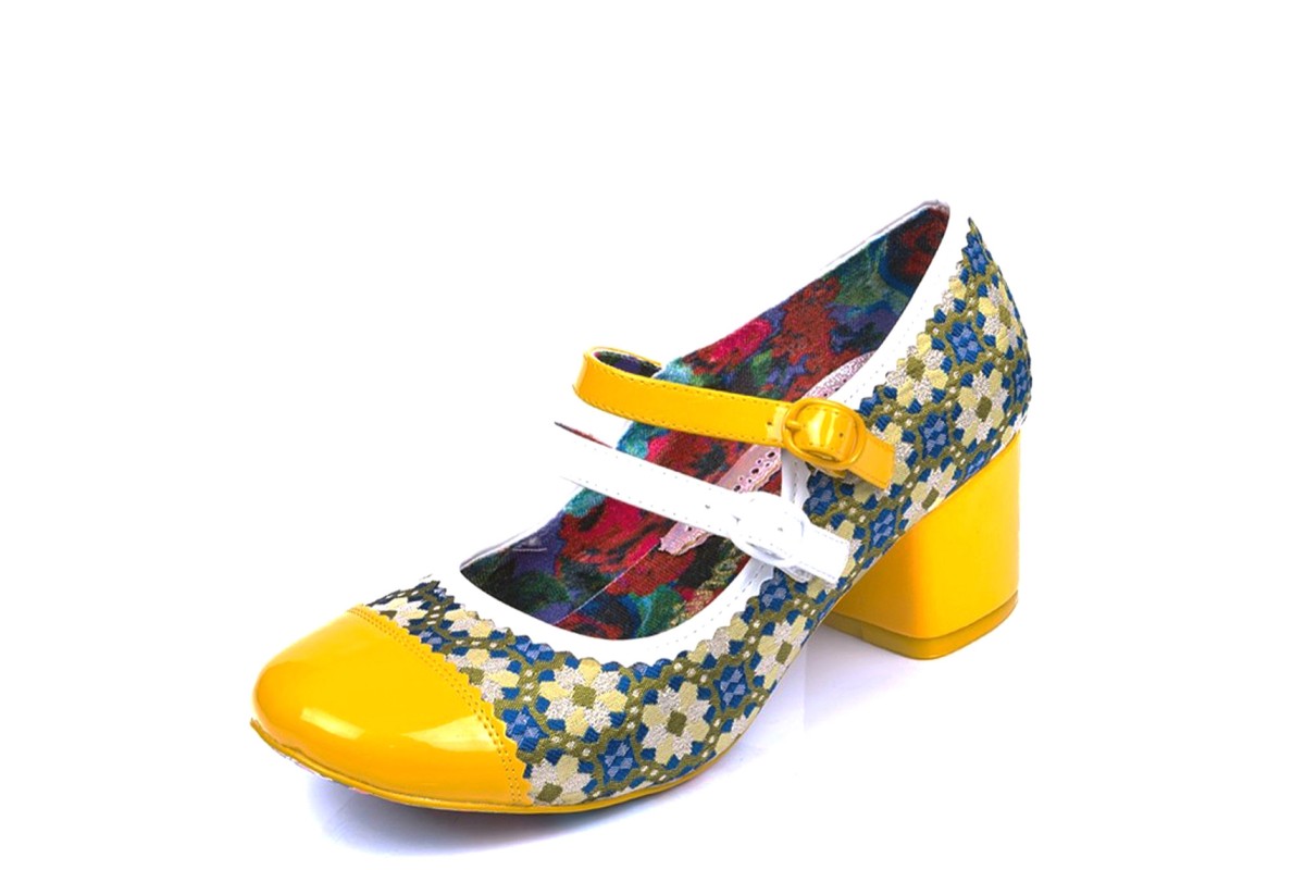 Irregular Choice Mini Mod Mustard Yellow Blue Floral Mid Heel Mary Jane Shoes