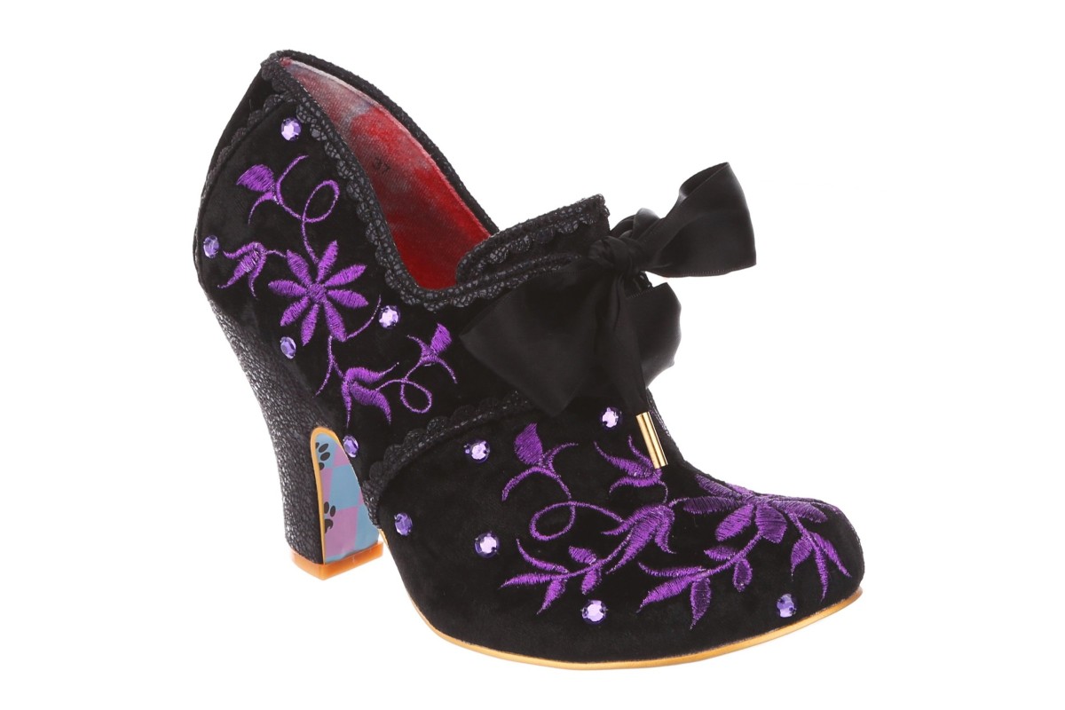 Irregular Choice Penny For Your Thoughts Black Purple Floral Embroidered High Heel Shoes