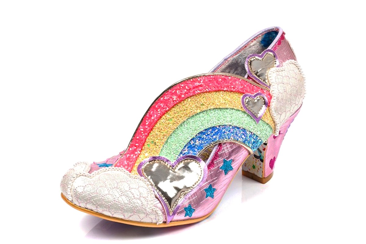 Irregular Choice Summer Of Love Pink Glitter Rainbow Heart Mid Heel Shoes