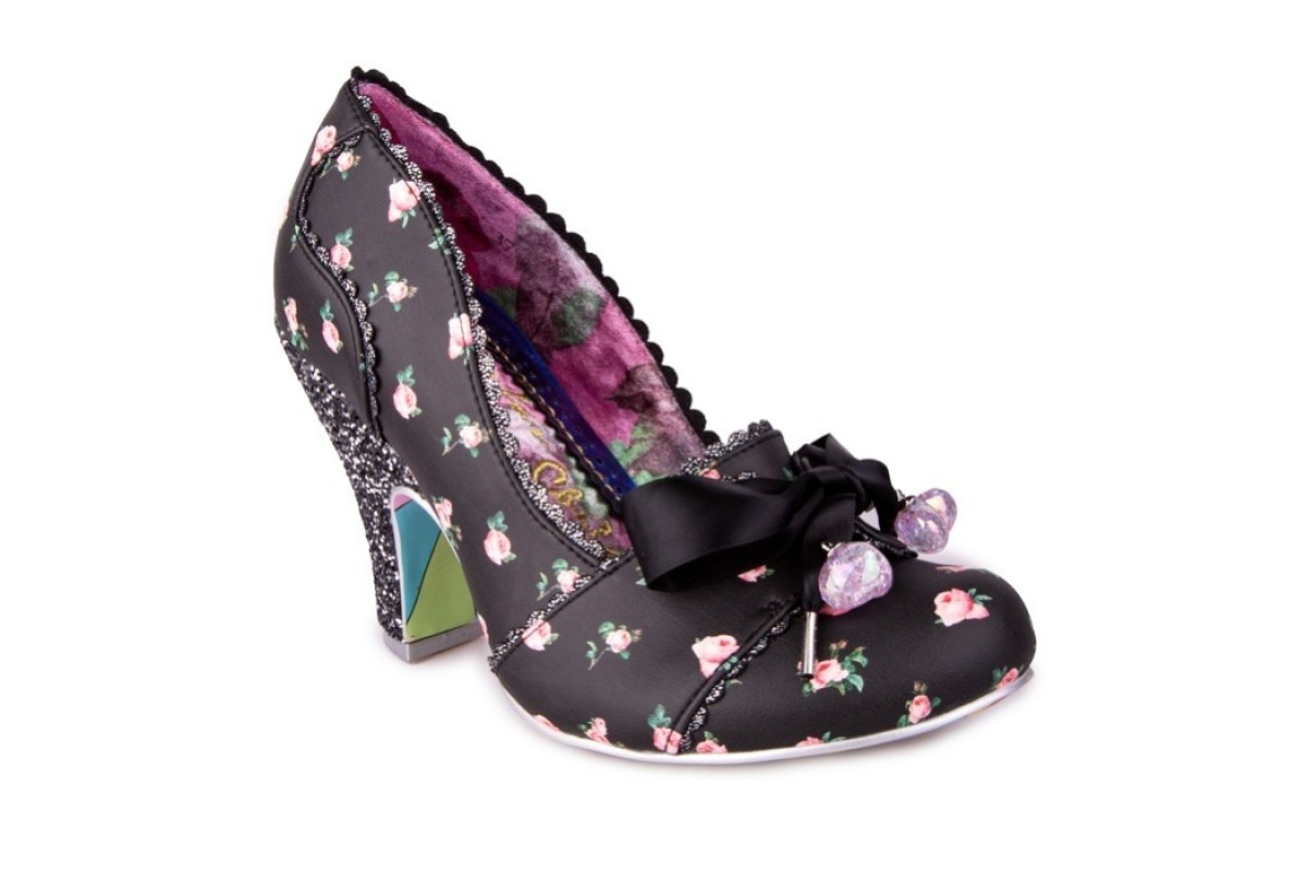 Irregular Choice Tied In A Bow Black Pink Floral Glitter High Heel Shoes