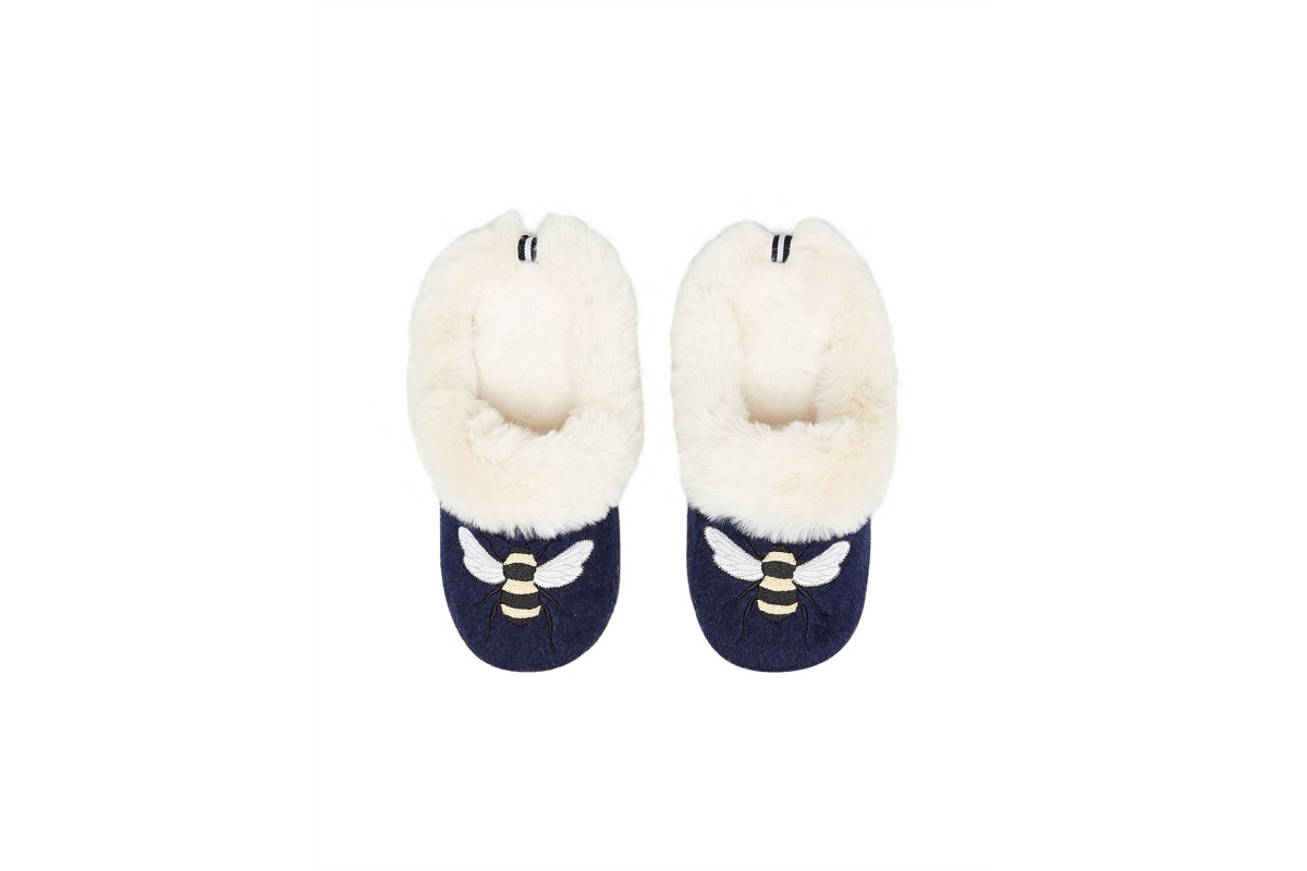 Joules Slippet Luxe Bee Embroidered Faux Fur Lined Navy Ballet Slippers
