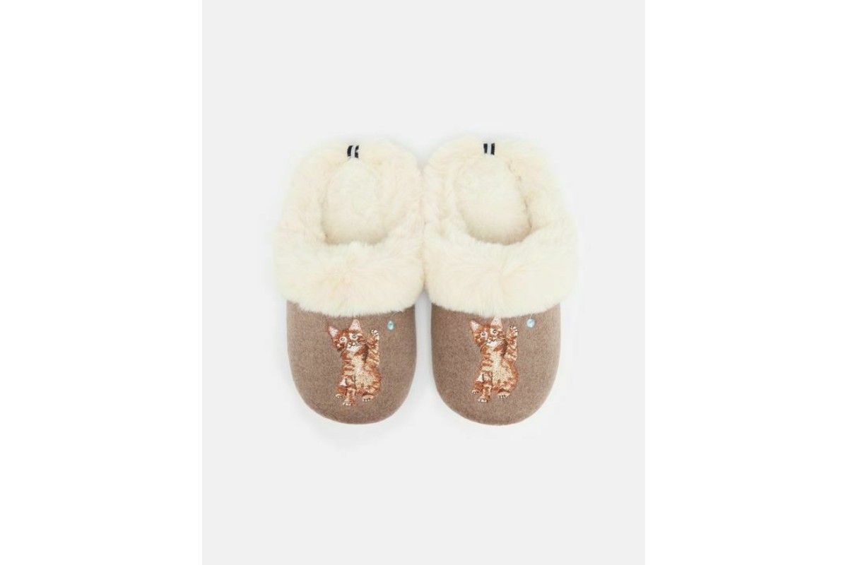 Joules Slippet Luxe Oat Cat Embroidered Faux Fur Lined Ballet Slippers