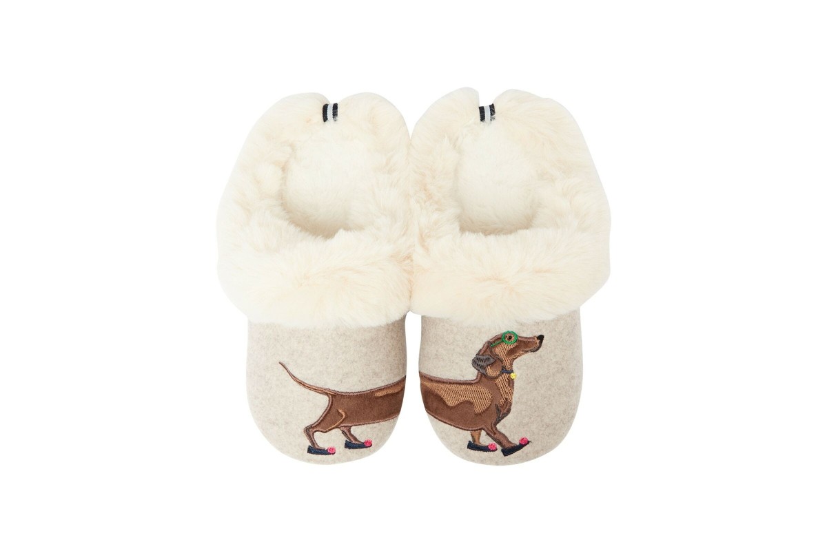 Joules Slippet Luxe Sausage Dog Embroidered Faux Fur Lined Ballet Slippers