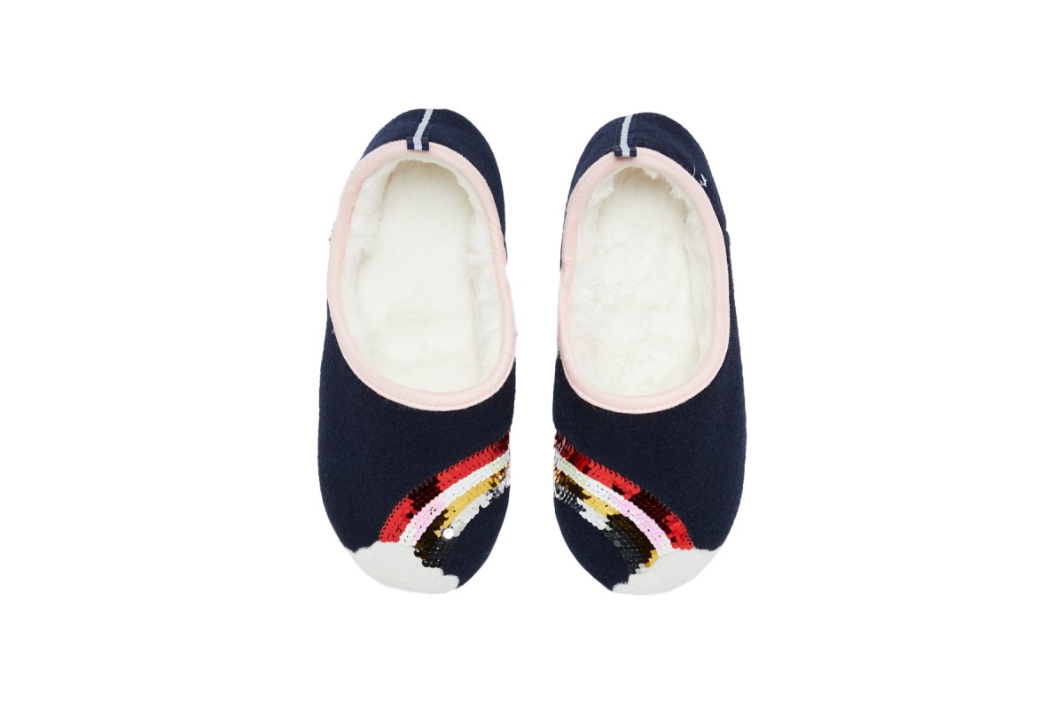 Joules Slippet Navy Sequin Rainbow Faux Fur Lined Ballet Slippers