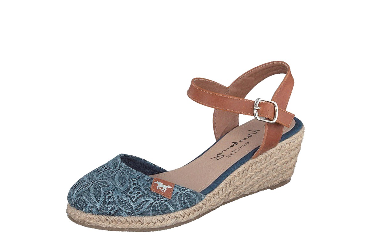 Mustang 1066-910 Blue Floral Embroidered Canvas Mid Wedge Heel Espadrille Sandals