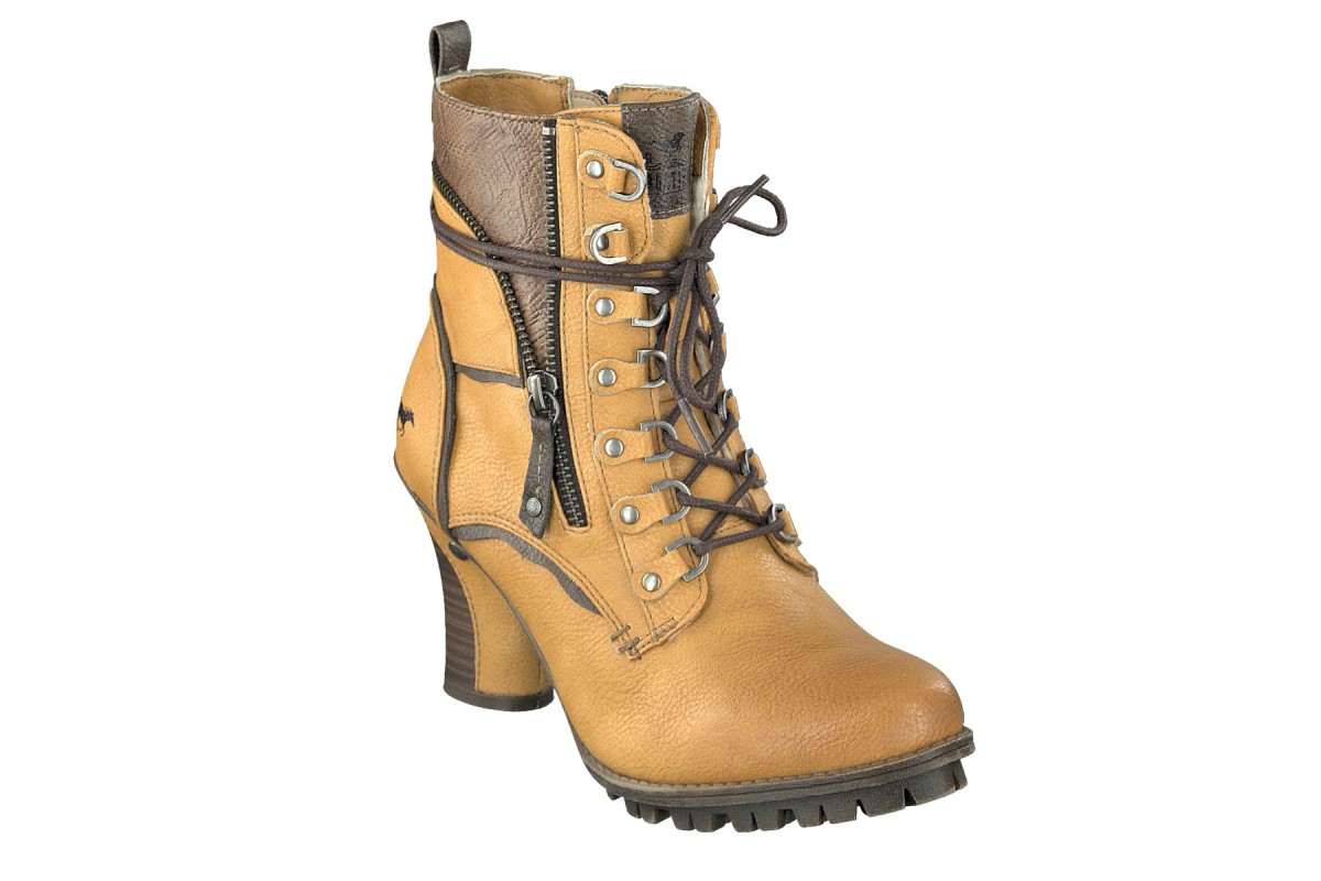 Mustang 1141-614 Mustard Yellow Brown High Heel Lace Up Ankle Boots