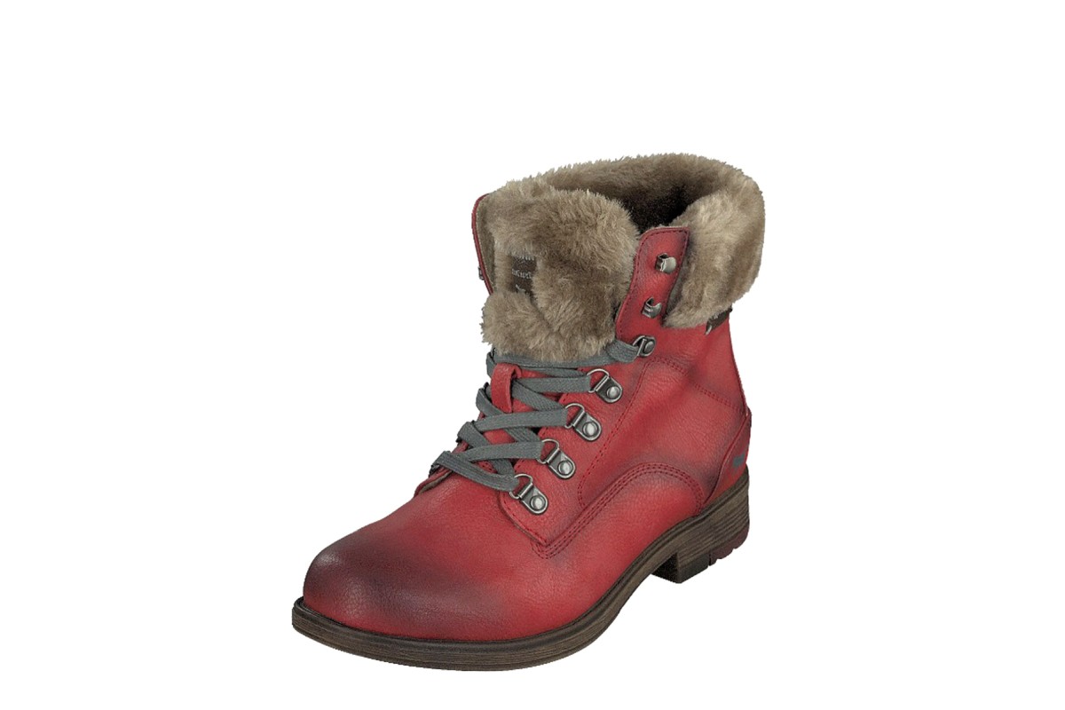 Mustang 1295-601 Red Lace Up Faux Fur Low Heel Combat Ankle Boots