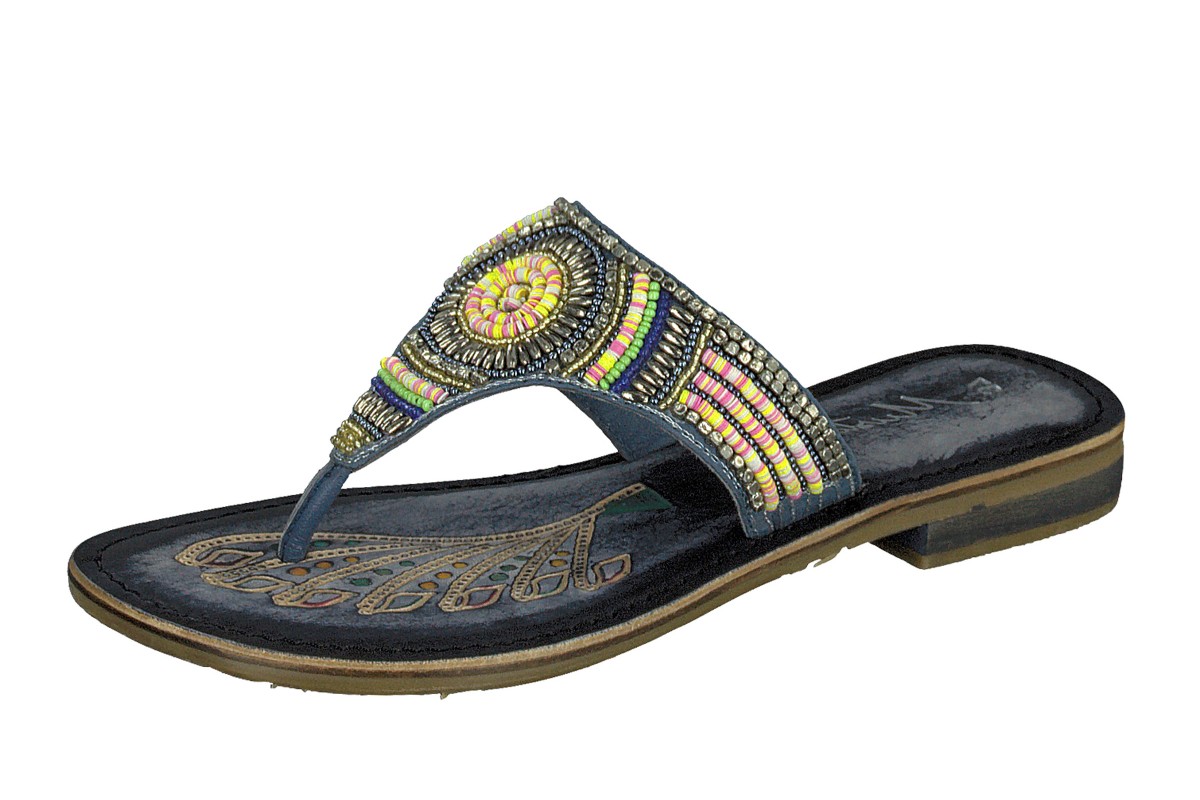 Mustang 3130-801 Blue Navy Leather Beaded Toe Post Flat Flip Flops ...