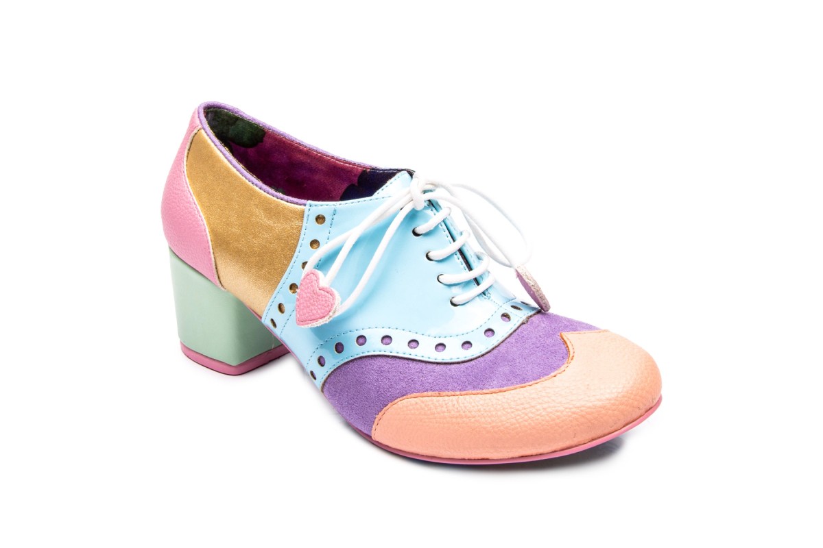 Poetic Licence Clara Bow Pink Multi Pastel Mid Heel Lace Up Brogue Shoes