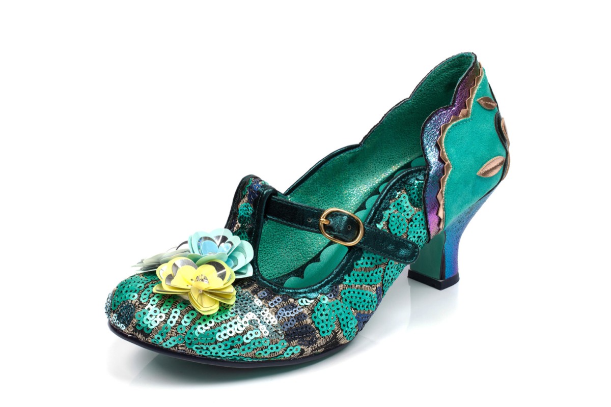 blue and green sequin heels