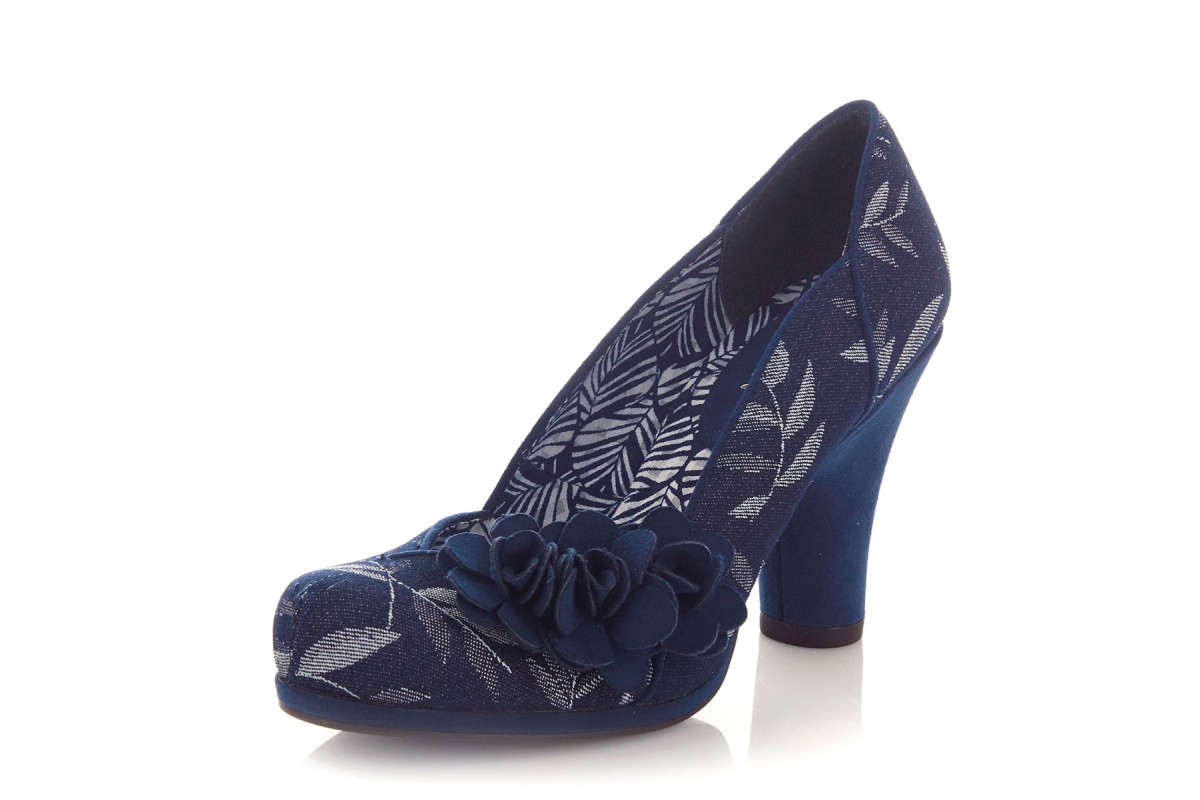 Ruby Shoo Charlotte Blue Navy Floral Leaf High Heel Denim Court Shoes