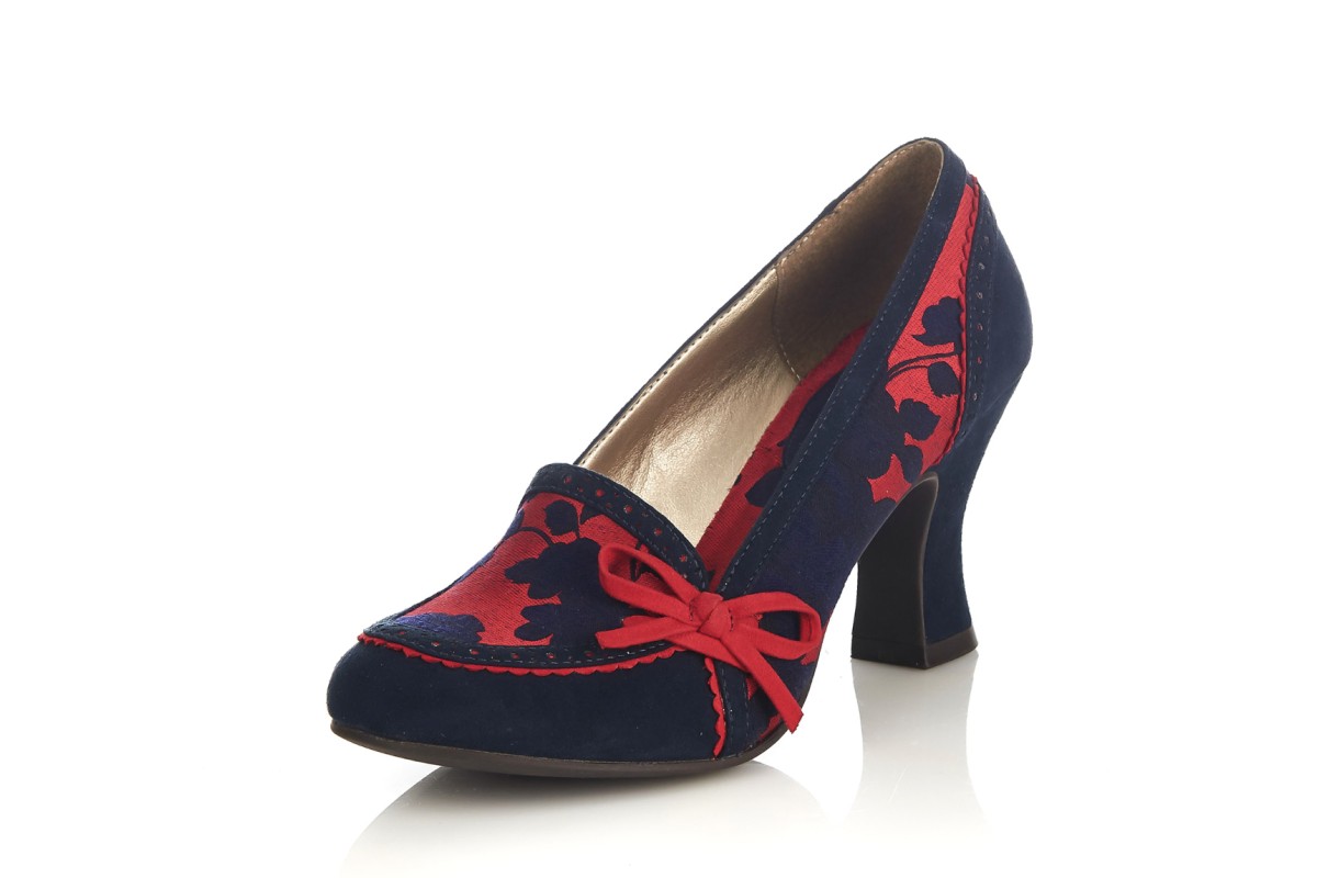 Ruby Shoo Flora Navy Red Floral High Heel Loafer Shoes