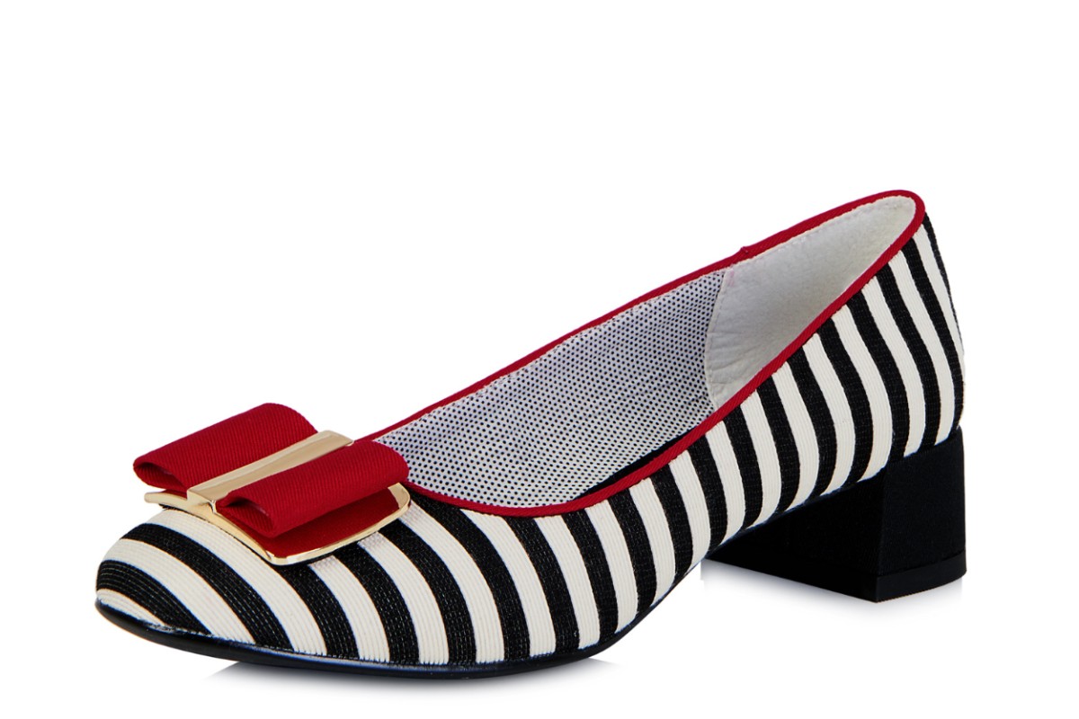 Ruby Shoo June Black Red Stripe Low Heel Bow Court Shoes