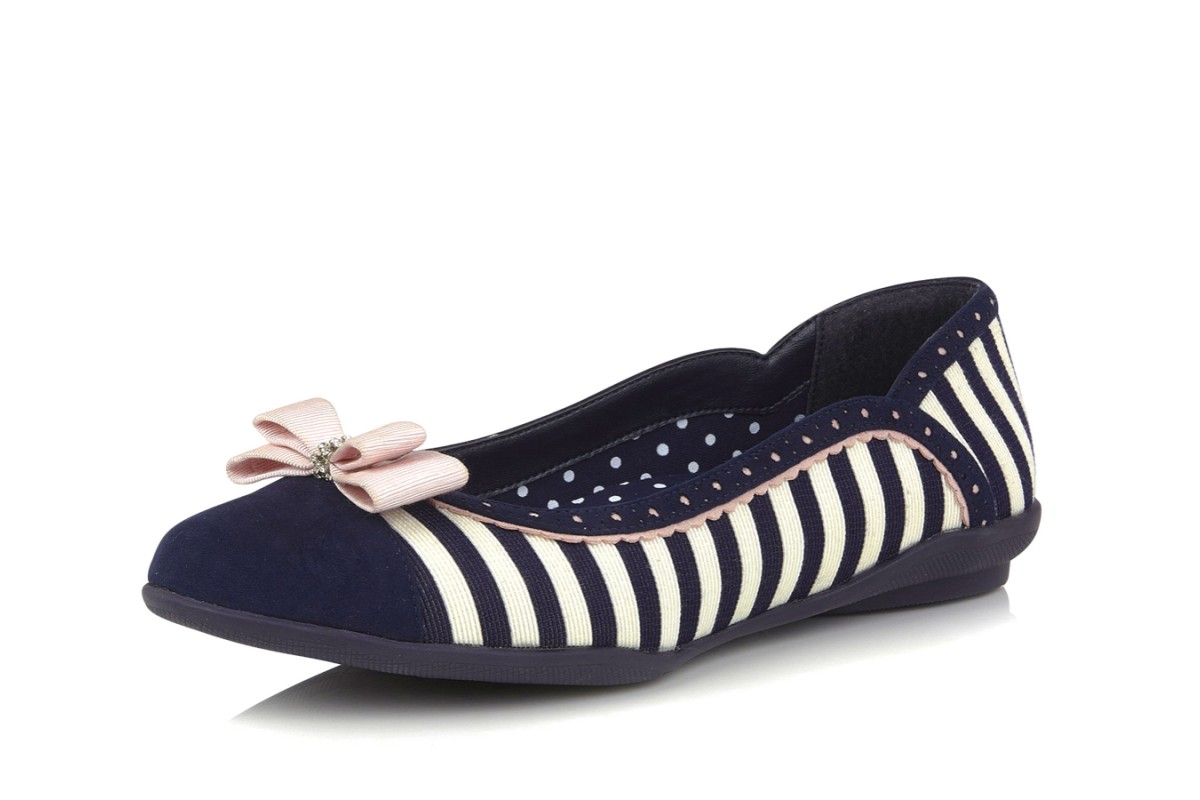 Ruby Shoo Lizzie Navy Stripe Flat Ballet Shoes
