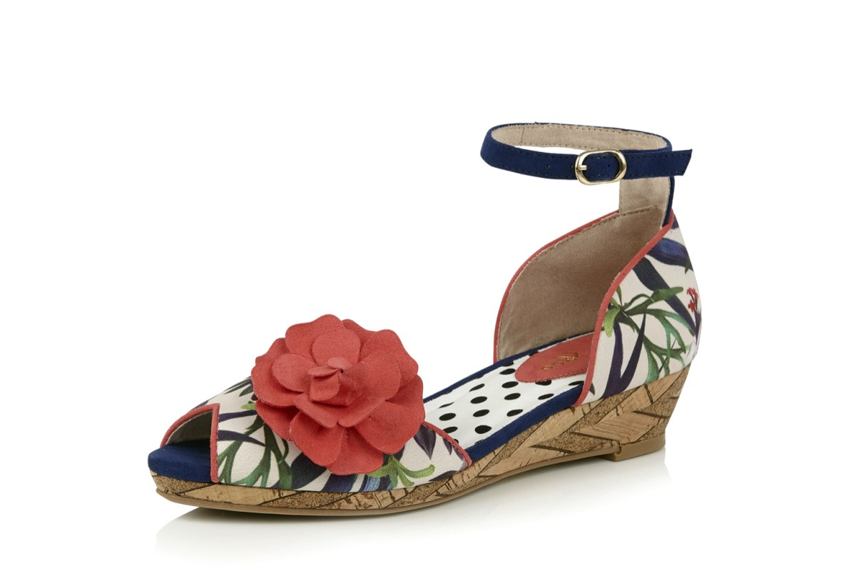 Ruby Shoo Phyllis Sage Coral Floral Ankle Strap Wedge Heel Shoes