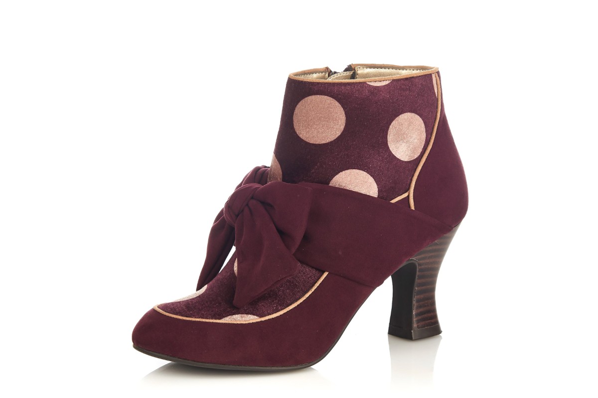 Ruby Shoo Seren Burgundy Velvet Beige Polka Dot High Heel Ankle Boots