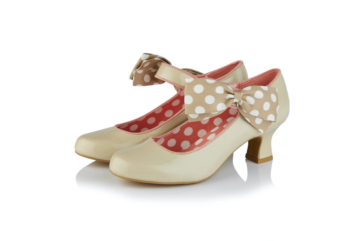 Ruby Shoo Trixie Cream Beige Spots Ankle Strap Patent Polka Dot Low Heel Shoes