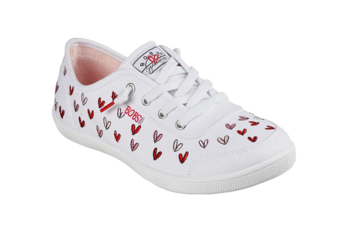 Skechers Bobs B Cute Love Brigade White Red Pink Heart Canvas Trainers