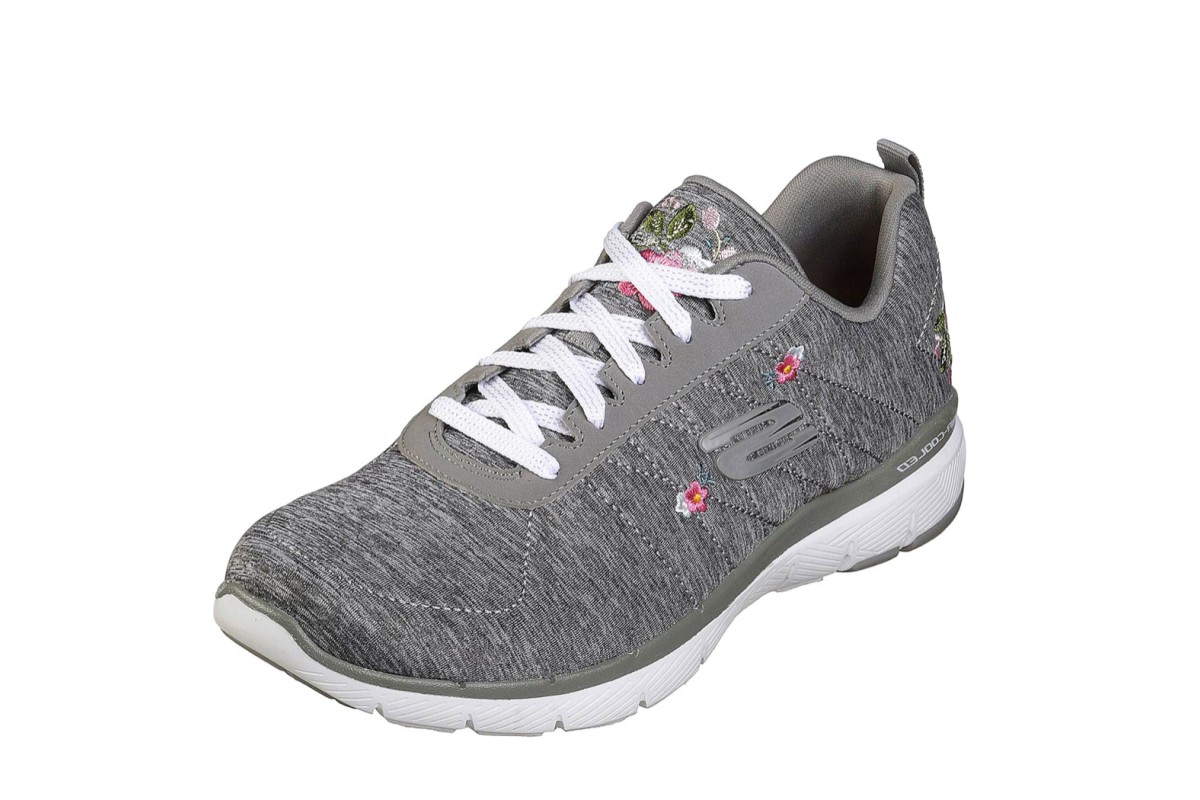 Skechers Flex Appeal 3.0 In Blossom Grey Floral Embroidered Memory Foam Trainers