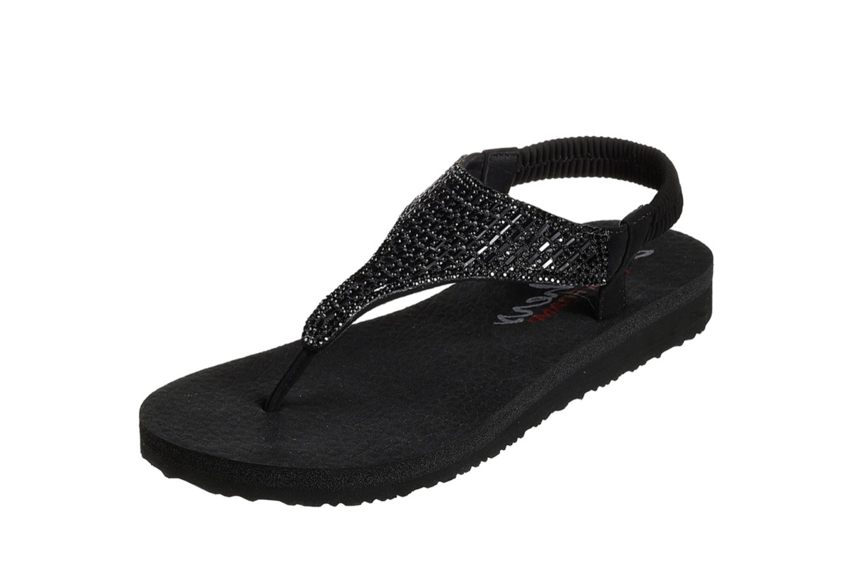 Skechers Meditation Rock Crown Black Beaded Comfort Sandals Flip Flops