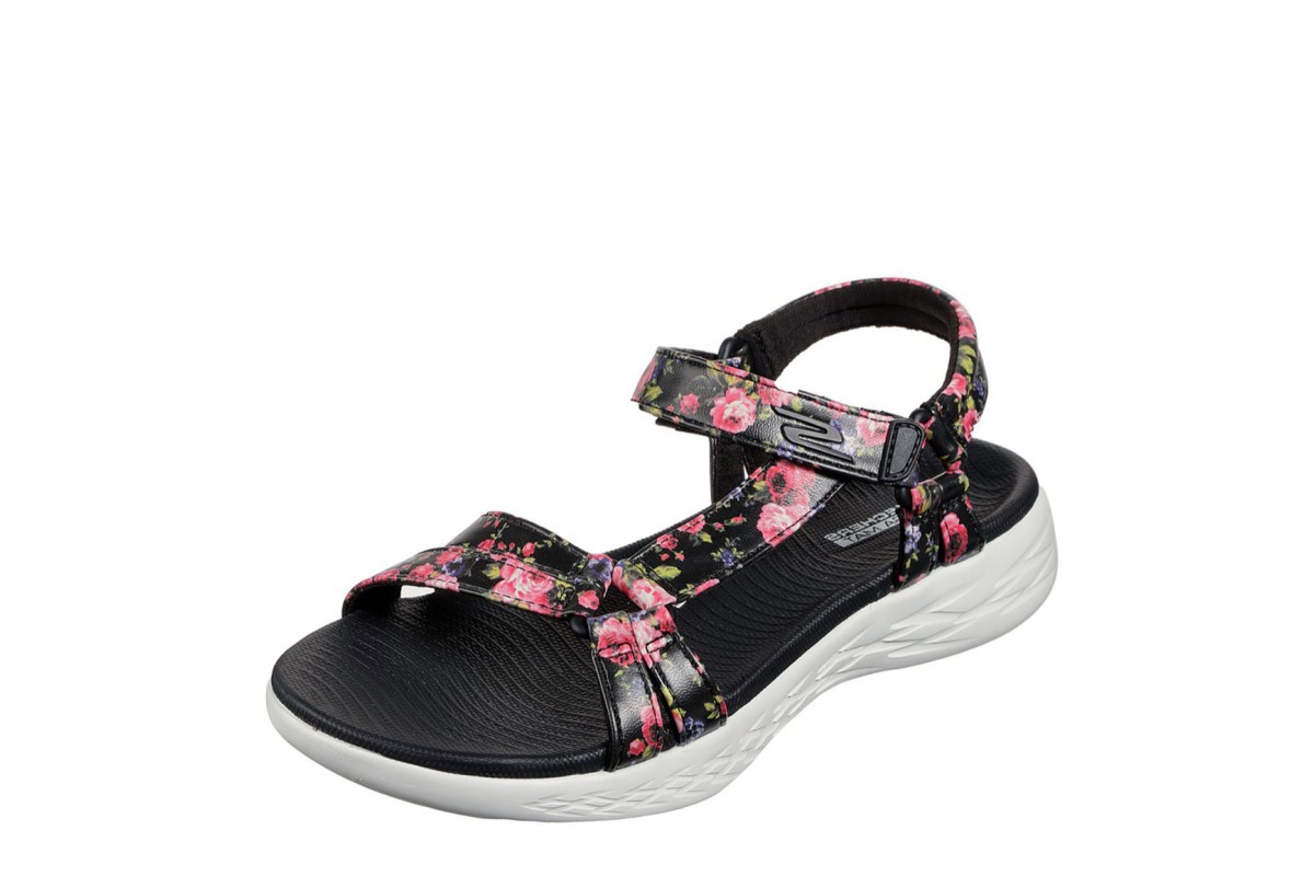 Skechers On The Go 600 Fleur Black White Pink Floral Comfort Sandals