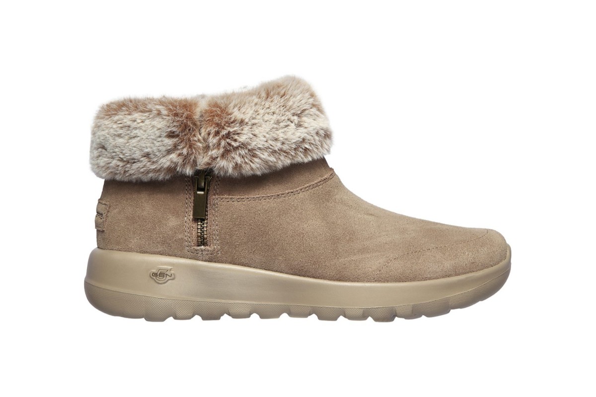 Skechers On The Go Joy Savvy Dark Taupe Suede Faux Fur Ankle Boots
