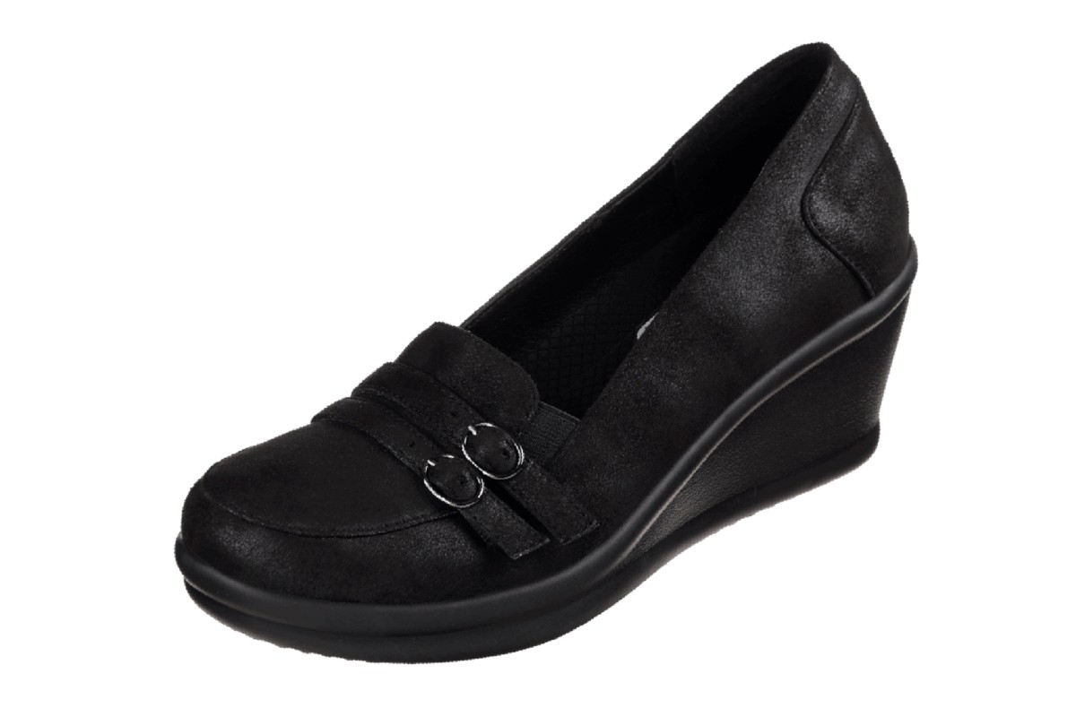 Skechers Rumblers Frilly Black Wedge Heel Loafer Shoes