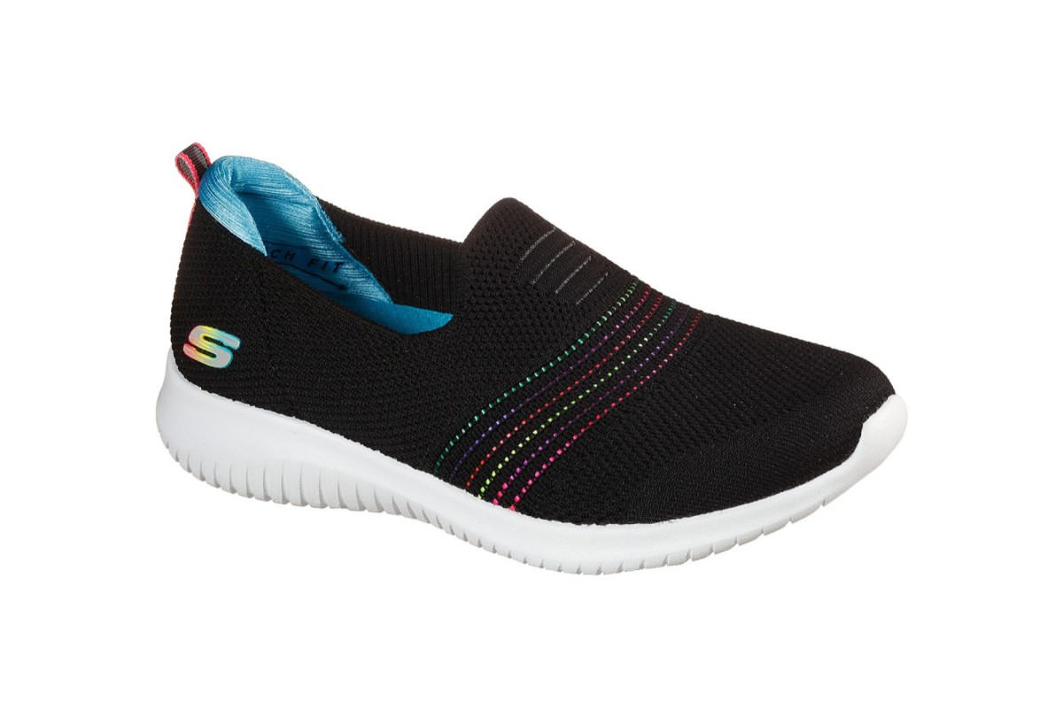 Skechers Ultra Flex Serene Aura Black Multi Rainbow Stripe Memory Foam Shoes