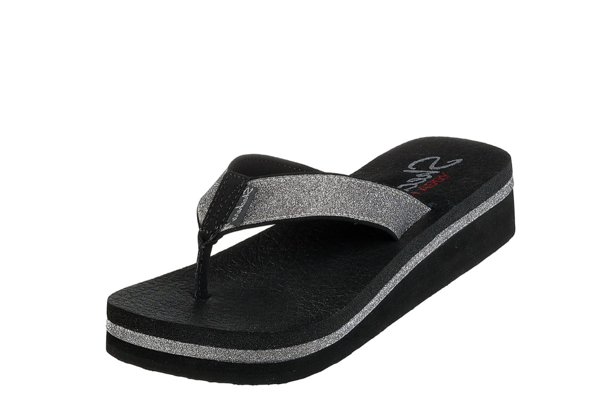 Skechers Vinyasa Unicorn Mist Black Glitter Low Wedge Sandals Flip Flops