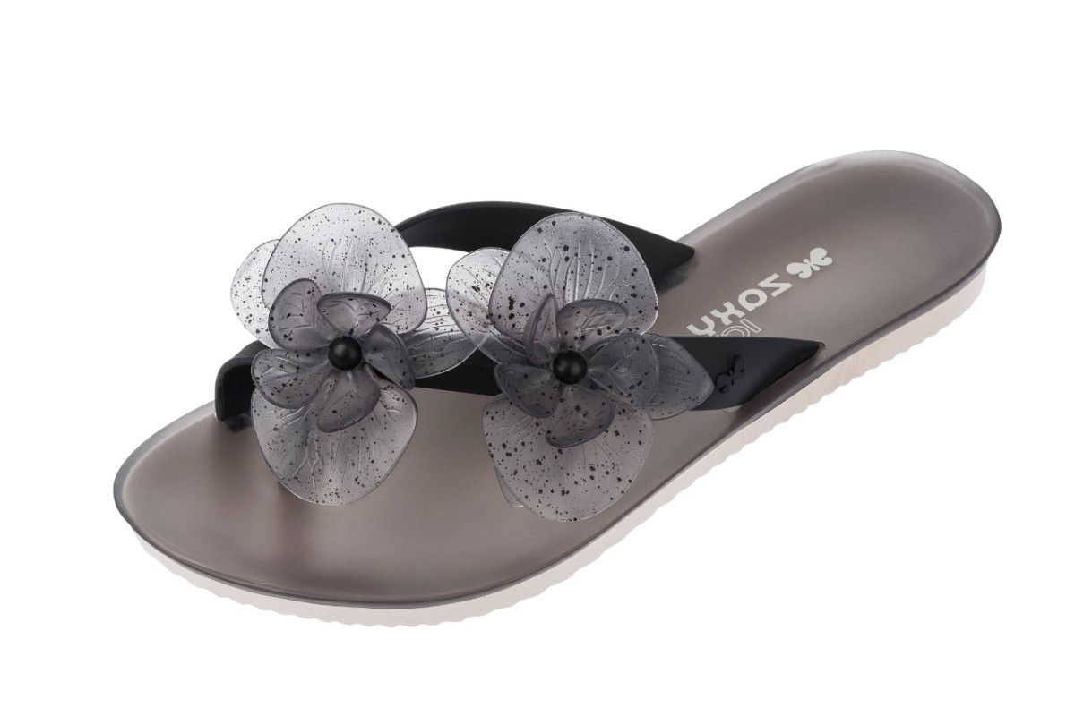 black flower flip flops
